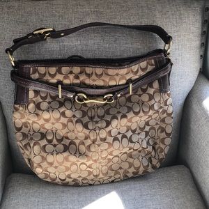 Auth COACH signature Brown Leather shoulder bag